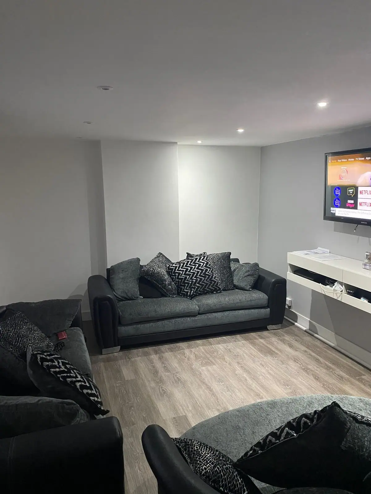 Finished living room with new flooring